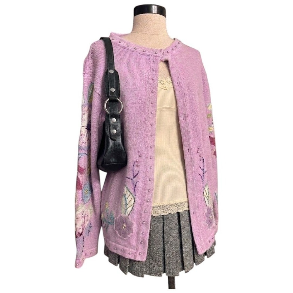 Storybook Knits Lavender Floral Embroidered Beaded Cardigan Sweater Medium